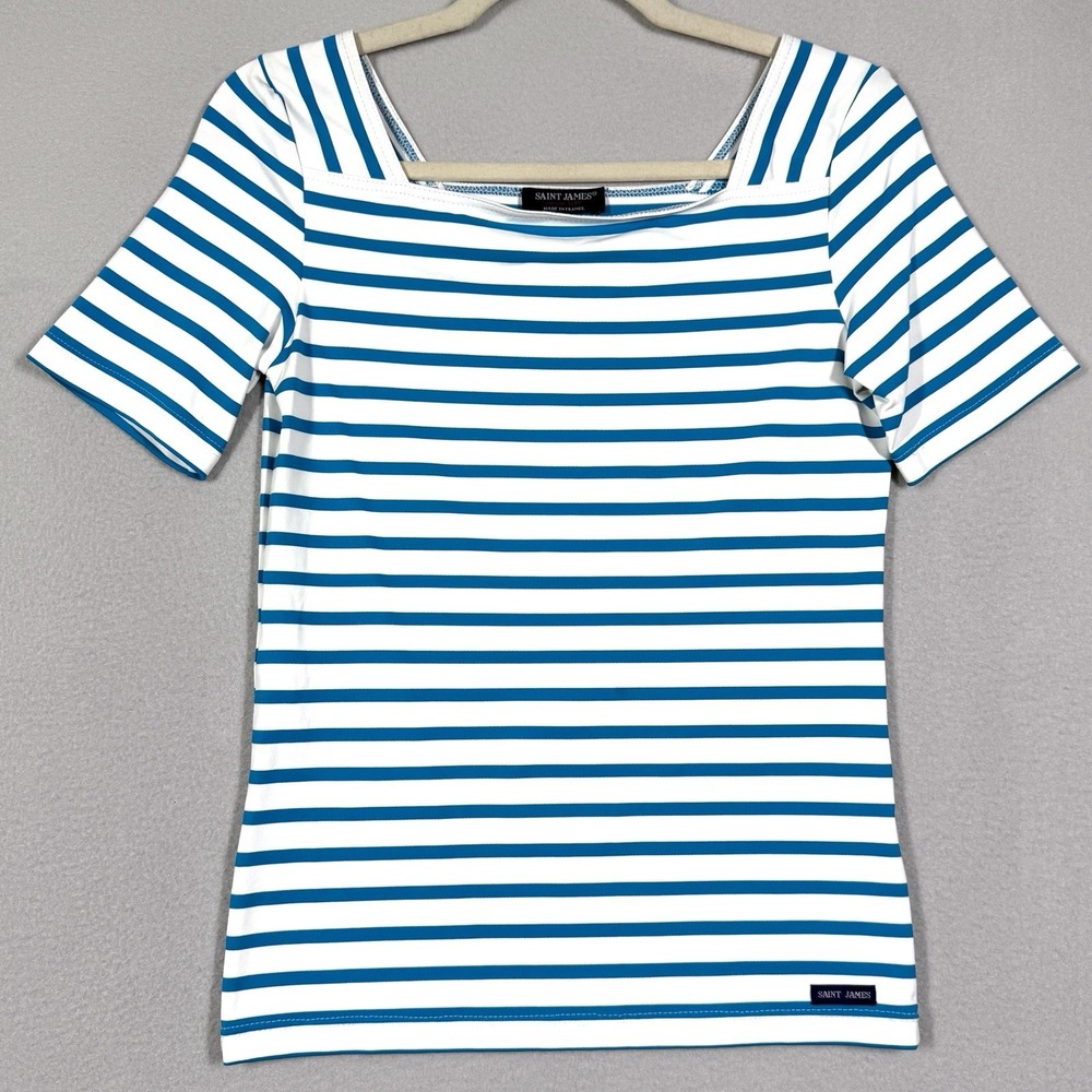 Saint James Top Womens 4 Breton Square Neck Striped Stretch White Blue Stripe